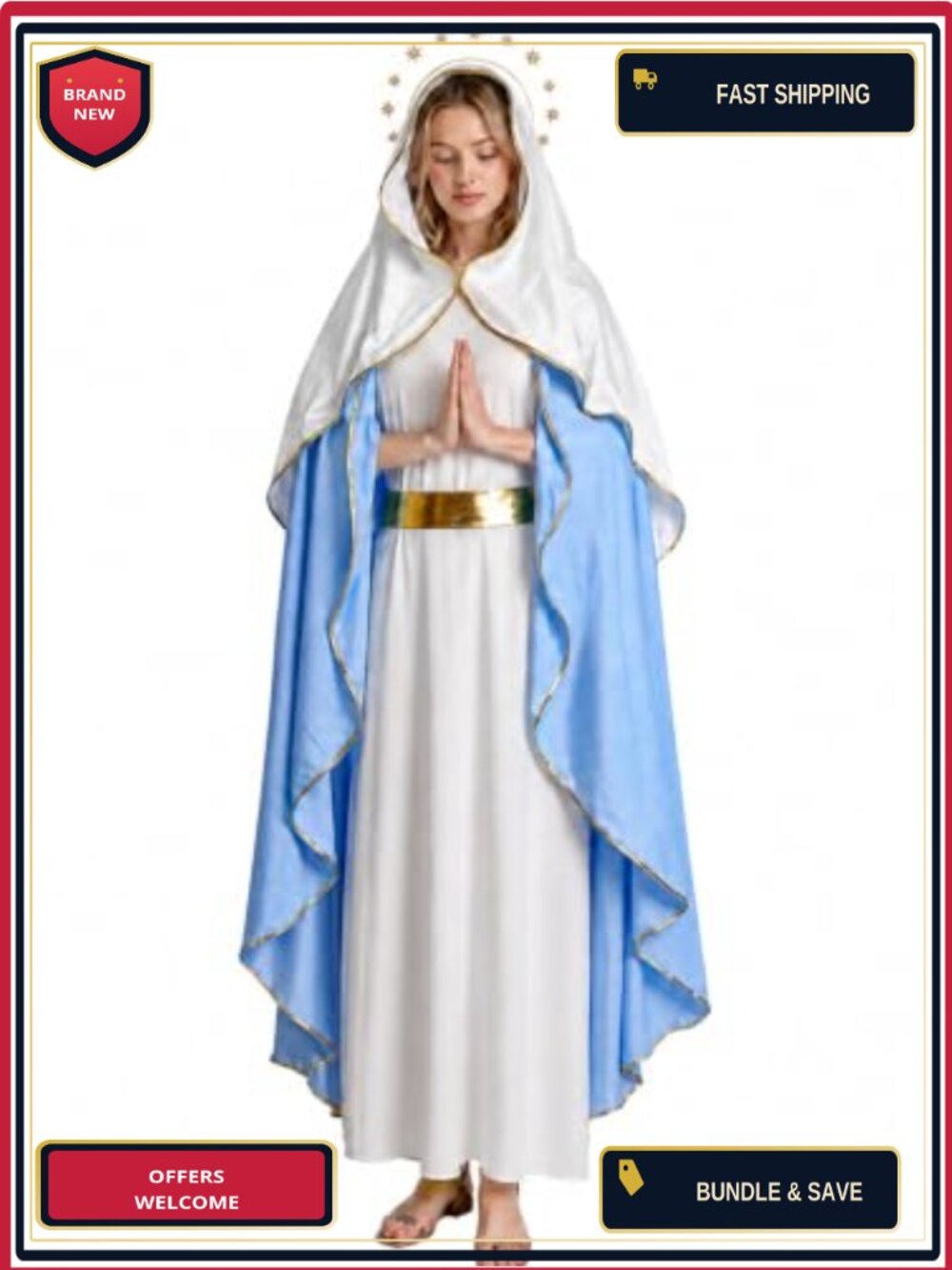 4 Pc Virgin Mary Costume Set Dress Hood Belt Headband Religious Play